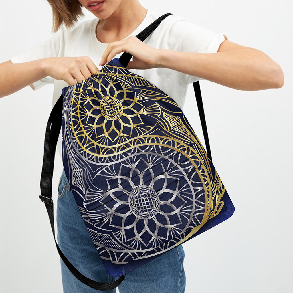Gold And Grey Yin Yang Flower Print Drawstring Backpack