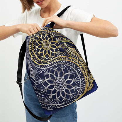Gold And Grey Yin Yang Flower Print Drawstring Backpack