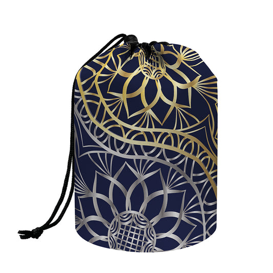 Gold And Grey Yin Yang Flower Print Drawstring Makeup Bag