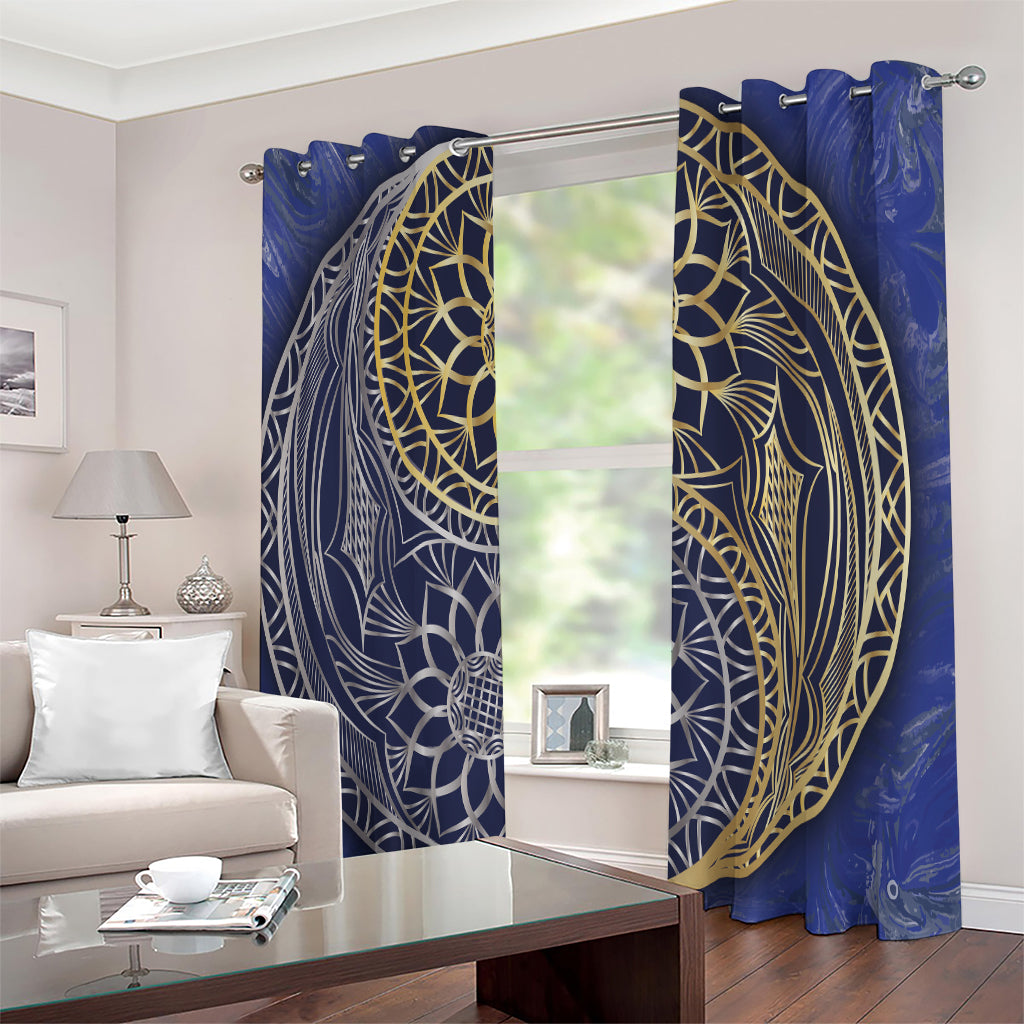 Gold And Grey Yin Yang Flower Print Extra Wide Grommet Curtains
