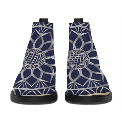Gold And Grey Yin Yang Flower Print Flat Ankle Boots