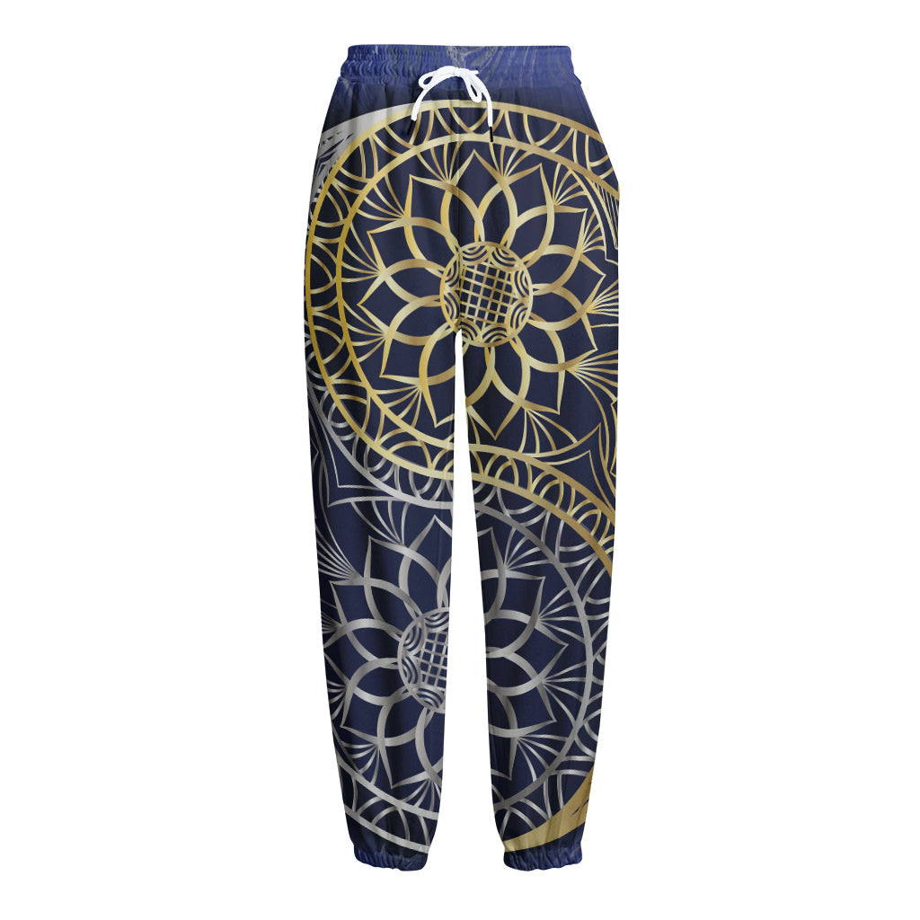 Gold And Grey Yin Yang Flower Print Fleece Lined Knit Pants