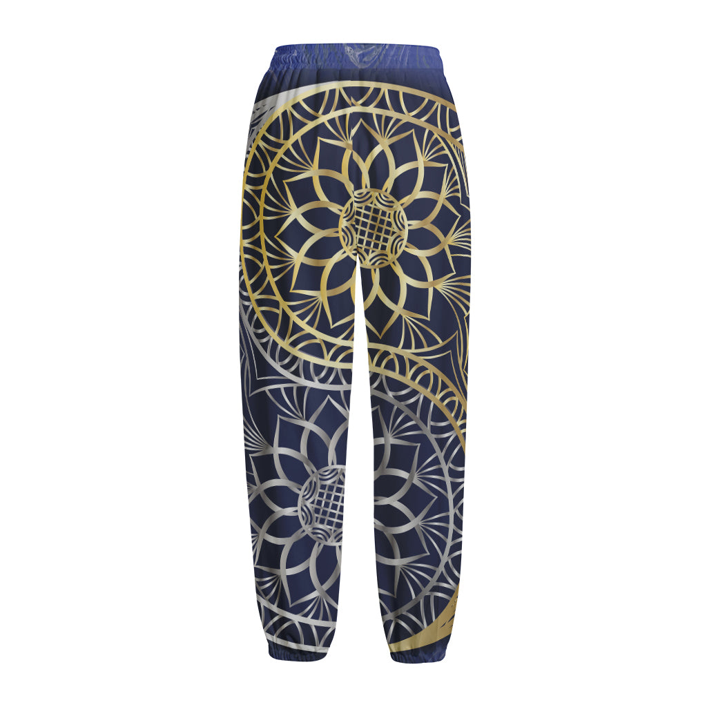 Gold And Grey Yin Yang Flower Print Fleece Lined Knit Pants