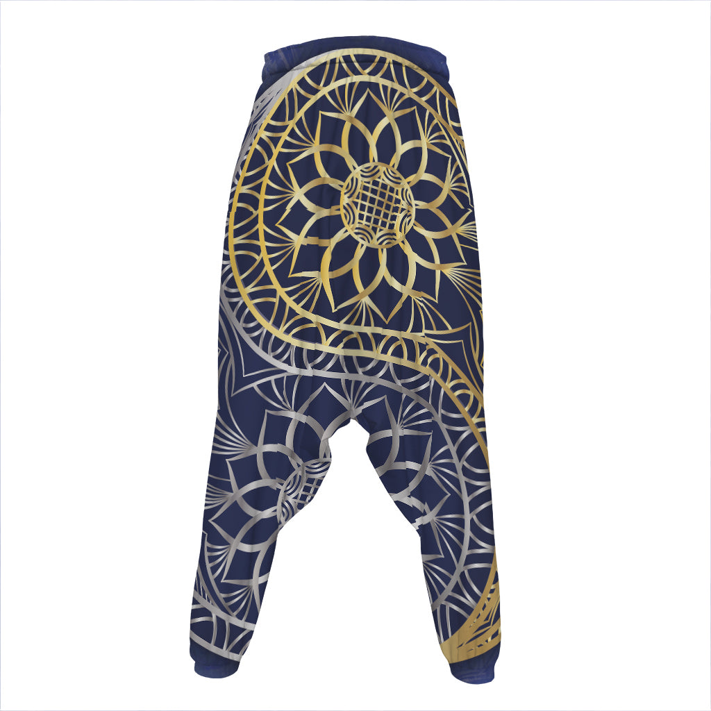 Gold And Grey Yin Yang Flower Print Hammer Pants