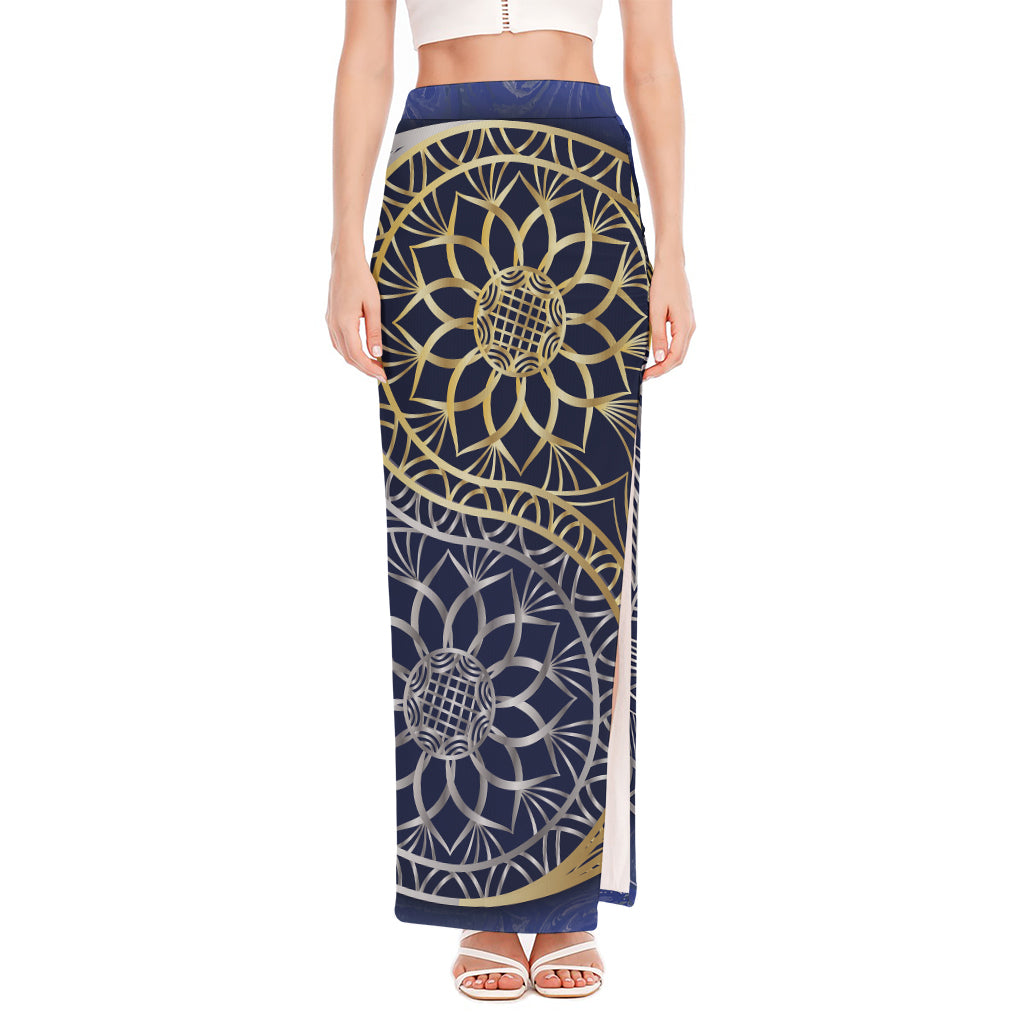 Gold And Grey Yin Yang Flower Print High Slit Maxi Skirt