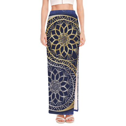 Gold And Grey Yin Yang Flower Print High Slit Maxi Skirt