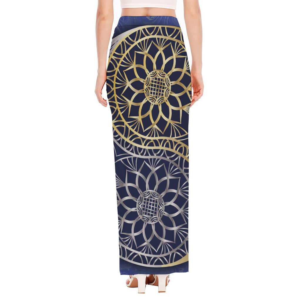 Gold And Grey Yin Yang Flower Print High Slit Maxi Skirt