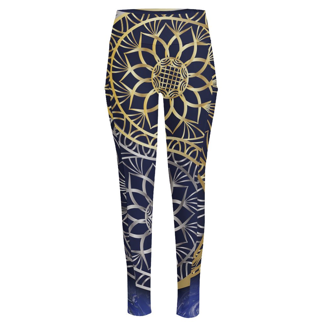 Gold And Grey Yin Yang Flower Print High-Waisted Pocket Leggings