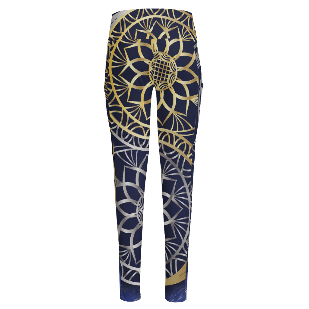 Gold And Grey Yin Yang Flower Print High-Waisted Pocket Leggings