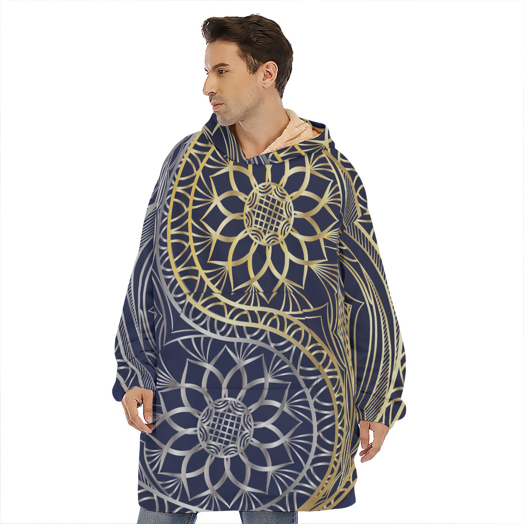 Gold And Grey Yin Yang Flower Print Hoodie Blanket