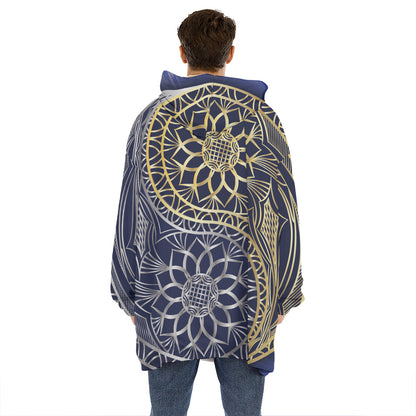Gold And Grey Yin Yang Flower Print Hoodie Blanket