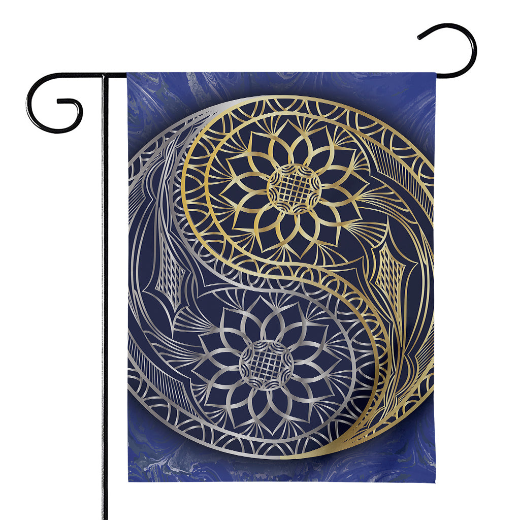 Gold And Grey Yin Yang Flower Print House Flag