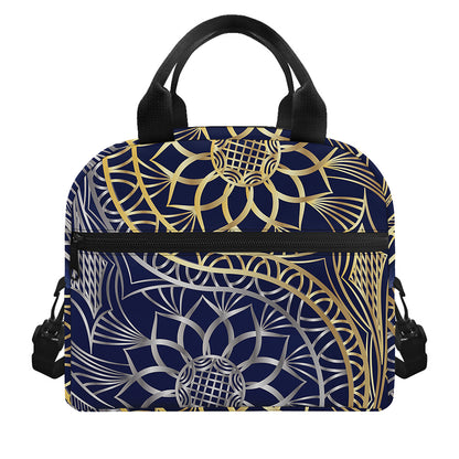 Gold And Grey Yin Yang Flower Print Insulated Lunch Bag