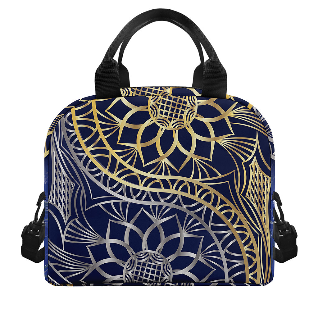 Gold And Grey Yin Yang Flower Print Insulated Lunch Bag