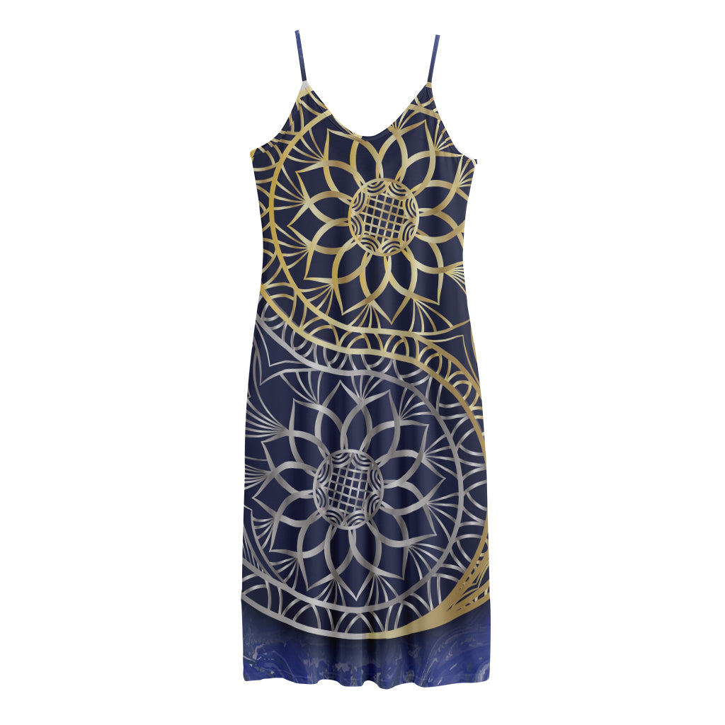 Gold And Grey Yin Yang Flower Print Jersey Midi Cami Dress