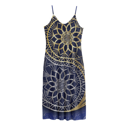 Gold And Grey Yin Yang Flower Print Jersey Midi Cami Dress