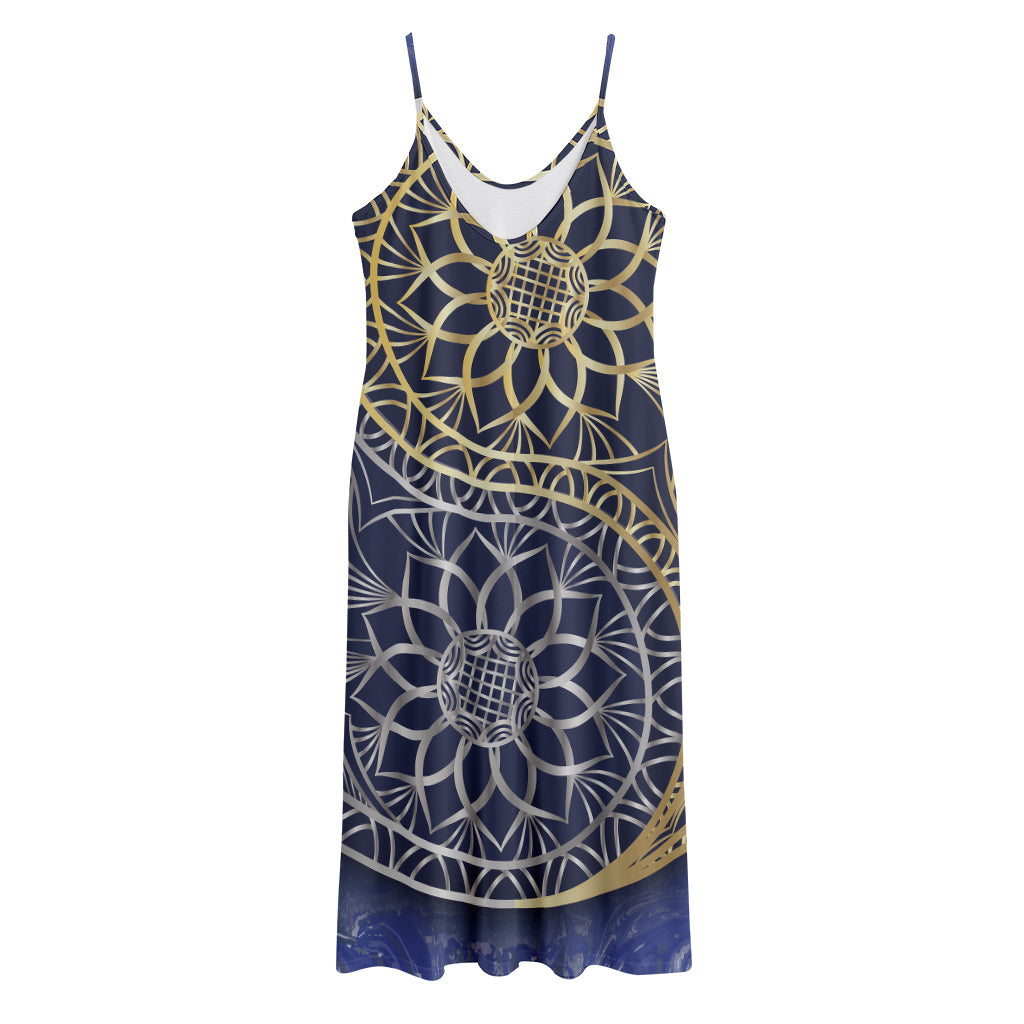Gold And Grey Yin Yang Flower Print Jersey Midi Cami Dress