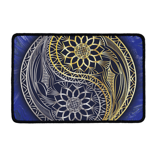 Gold And Grey Yin Yang Flower Print Kitchen Mat