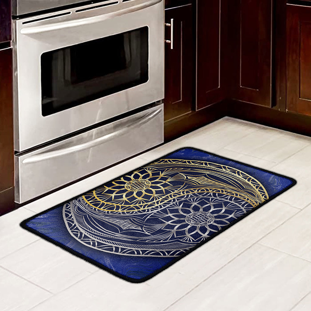 Gold And Grey Yin Yang Flower Print Kitchen Mat