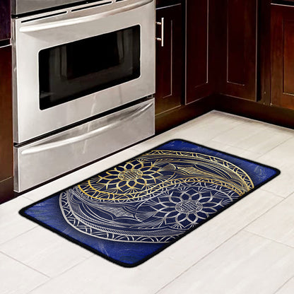 Gold And Grey Yin Yang Flower Print Kitchen Mat
