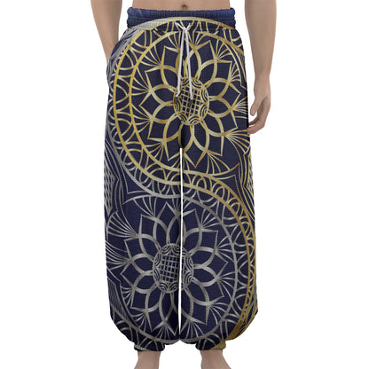 Gold And Grey Yin Yang Flower Print Lantern Pants