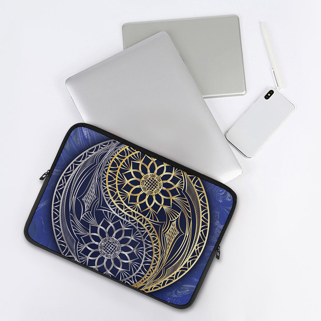 Gold And Grey Yin Yang Flower Print Laptop Sleeve