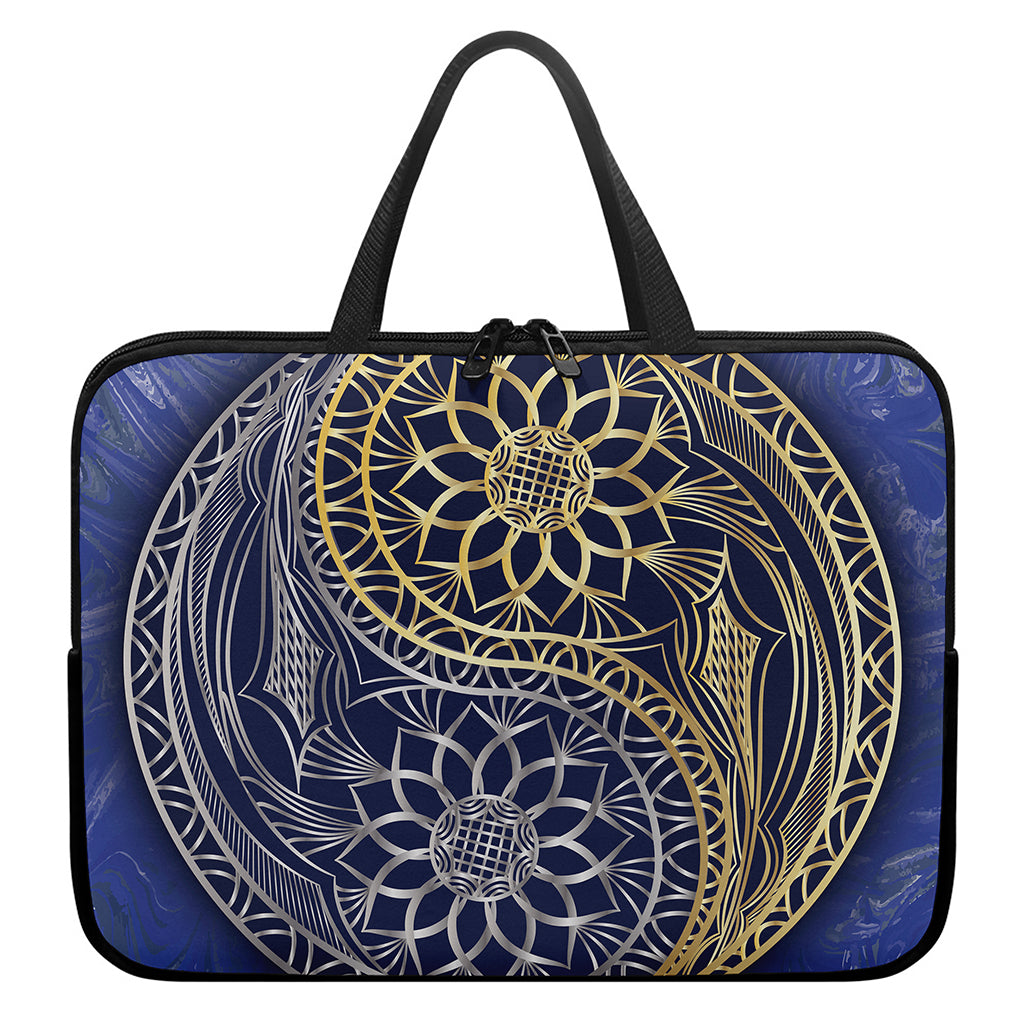 Gold And Grey Yin Yang Flower Print Laptop Sleeve With Handle