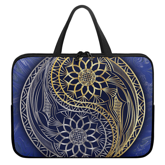 Gold And Grey Yin Yang Flower Print Laptop Sleeve With Handle