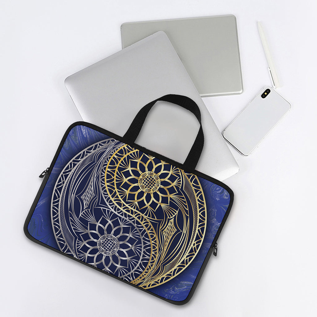 Gold And Grey Yin Yang Flower Print Laptop Sleeve With Handle