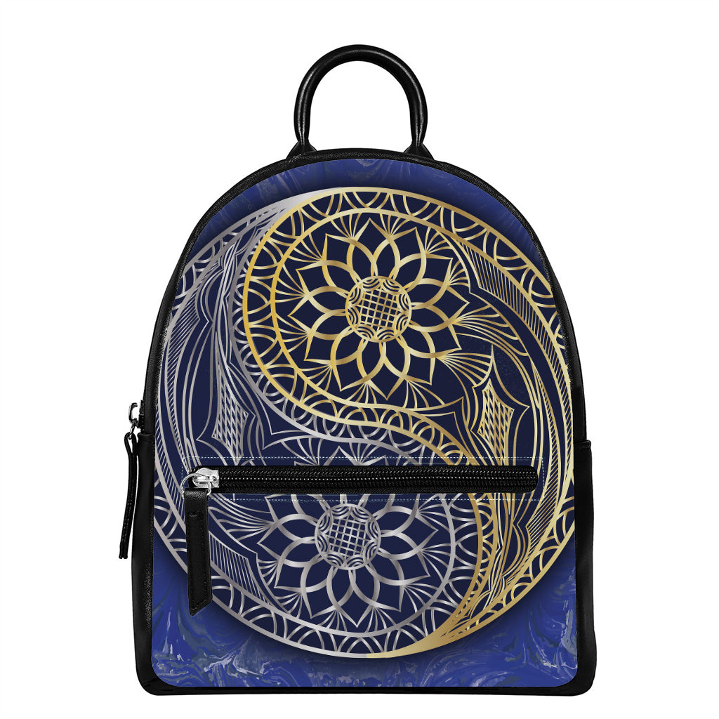 Gold And Grey Yin Yang Flower Print Leather Backpack