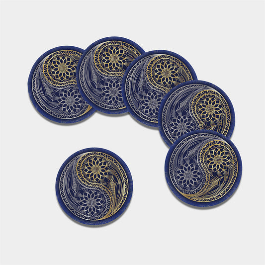 Gold And Grey Yin Yang Flower Print Leather Coaster Set