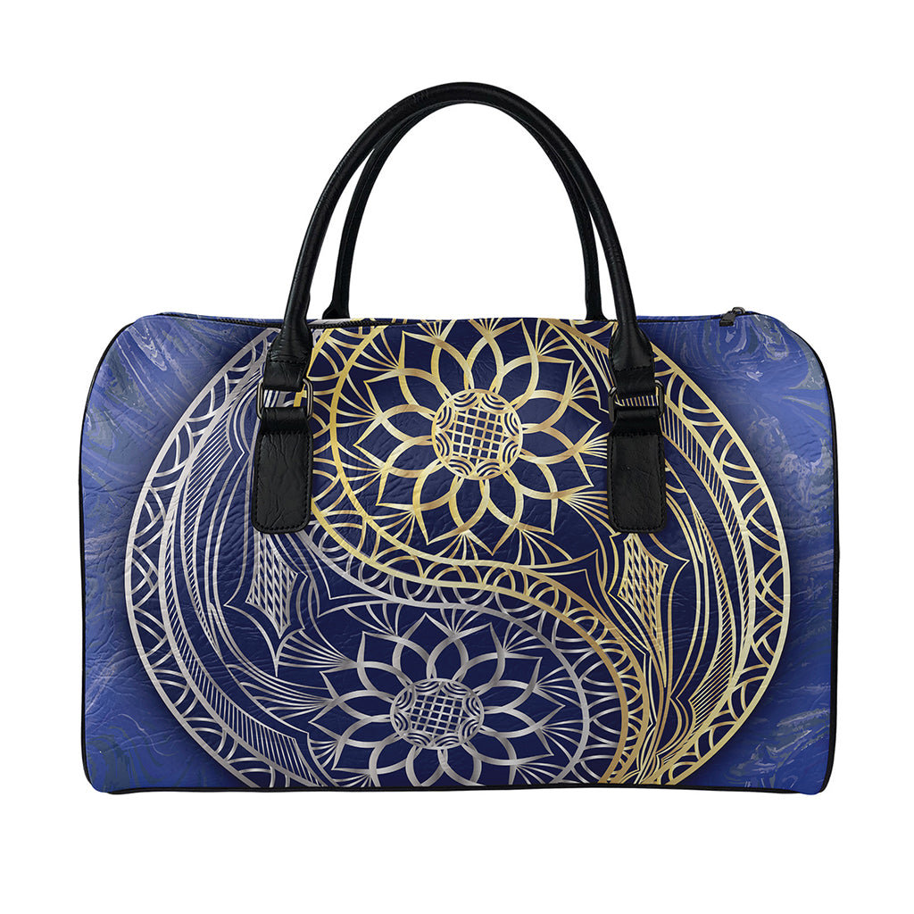 Gold And Grey Yin Yang Flower Print Leather Duffle Bag