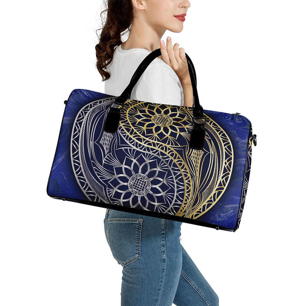 Gold And Grey Yin Yang Flower Print Leather Duffle Bag