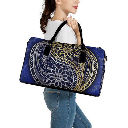 Gold And Grey Yin Yang Flower Print Leather Duffle Bag