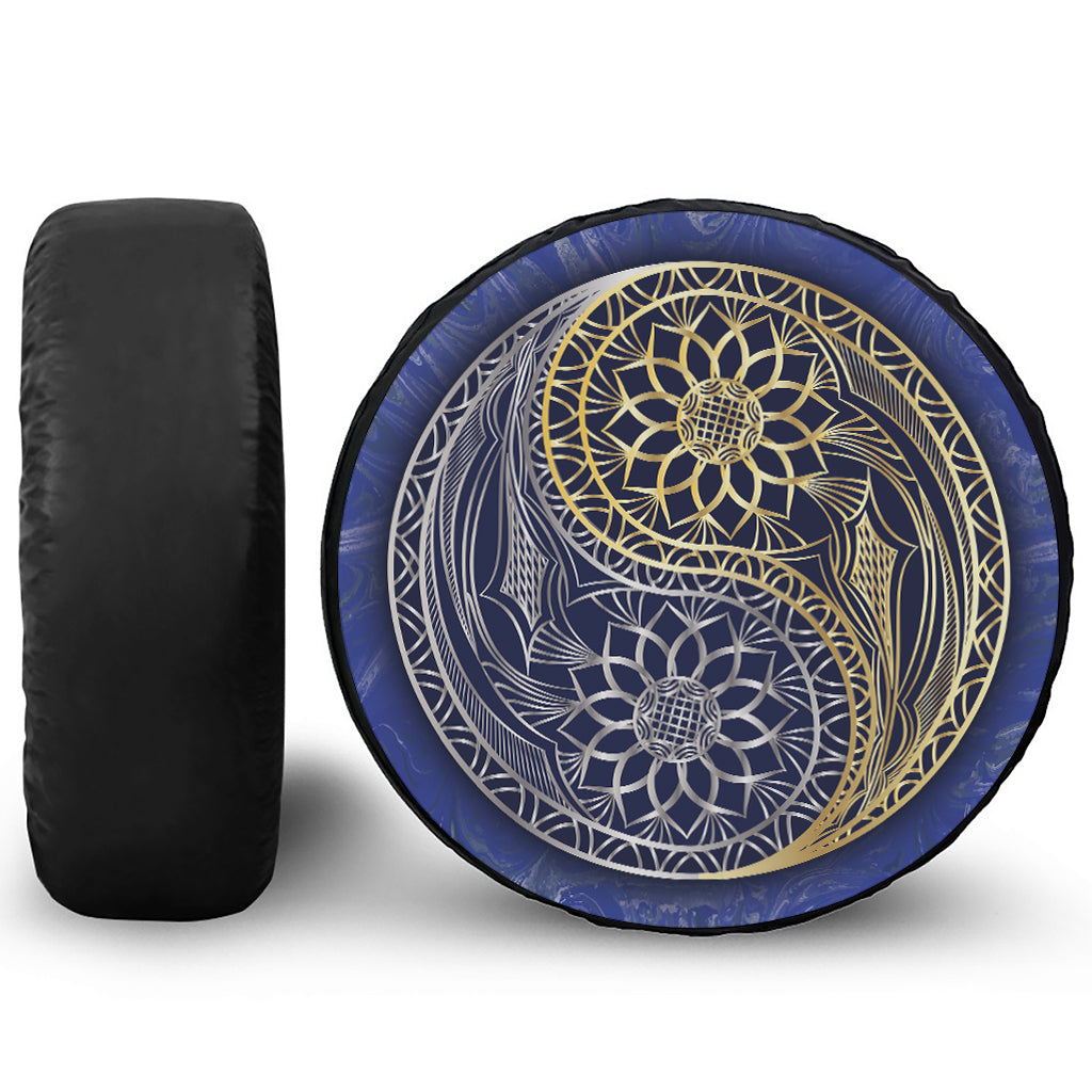 Gold And Grey Yin Yang Flower Print Leather Spare Tire Cover