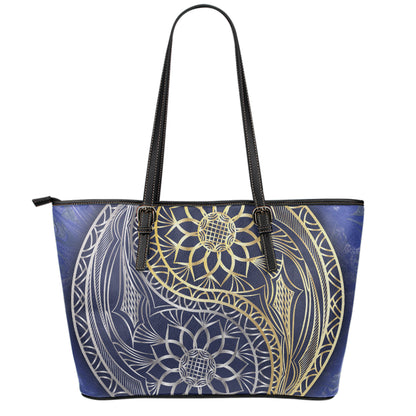 Gold And Grey Yin Yang Flower Print Leather Tote Bag