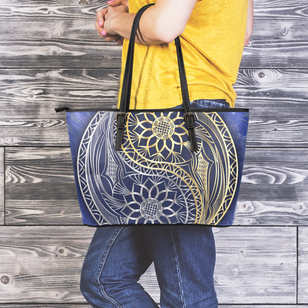 Gold And Grey Yin Yang Flower Print Leather Tote Bag