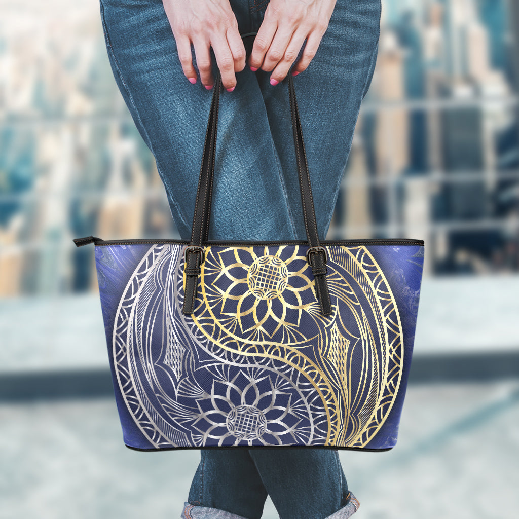 Gold And Grey Yin Yang Flower Print Leather Tote Bag