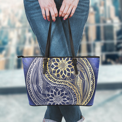 Gold And Grey Yin Yang Flower Print Leather Tote Bag