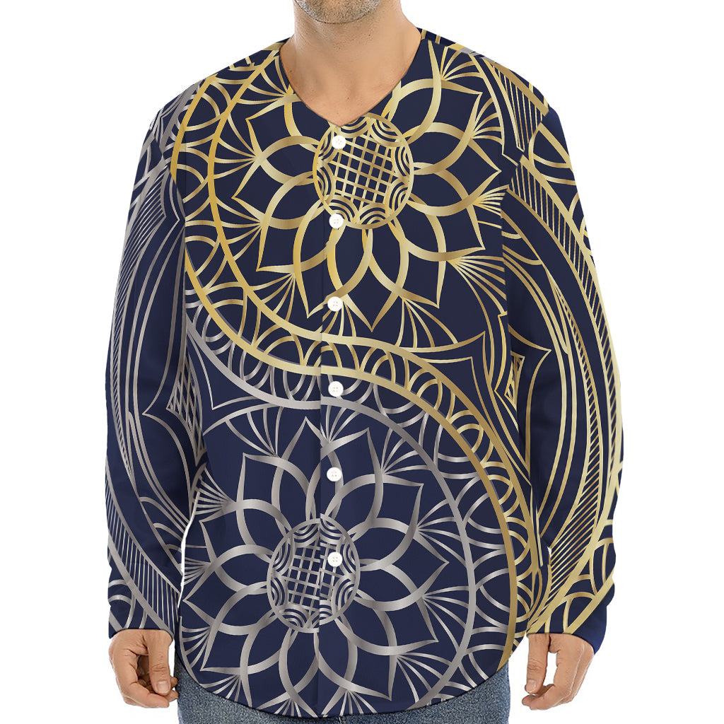 Gold And Grey Yin Yang Flower Print Long Sleeve Baseball Jersey