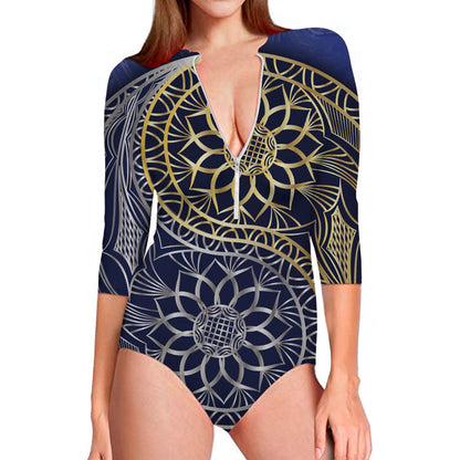 Gold And Grey Yin Yang Flower Print Long Sleeve Swimsuit