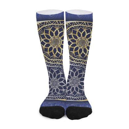 Gold And Grey Yin Yang Flower Print Long Socks