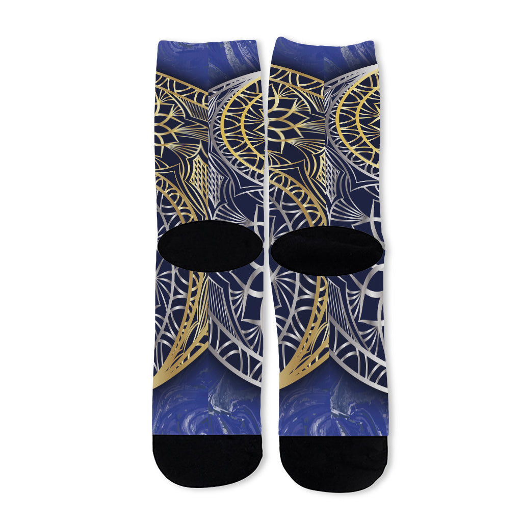 Gold And Grey Yin Yang Flower Print Long Socks