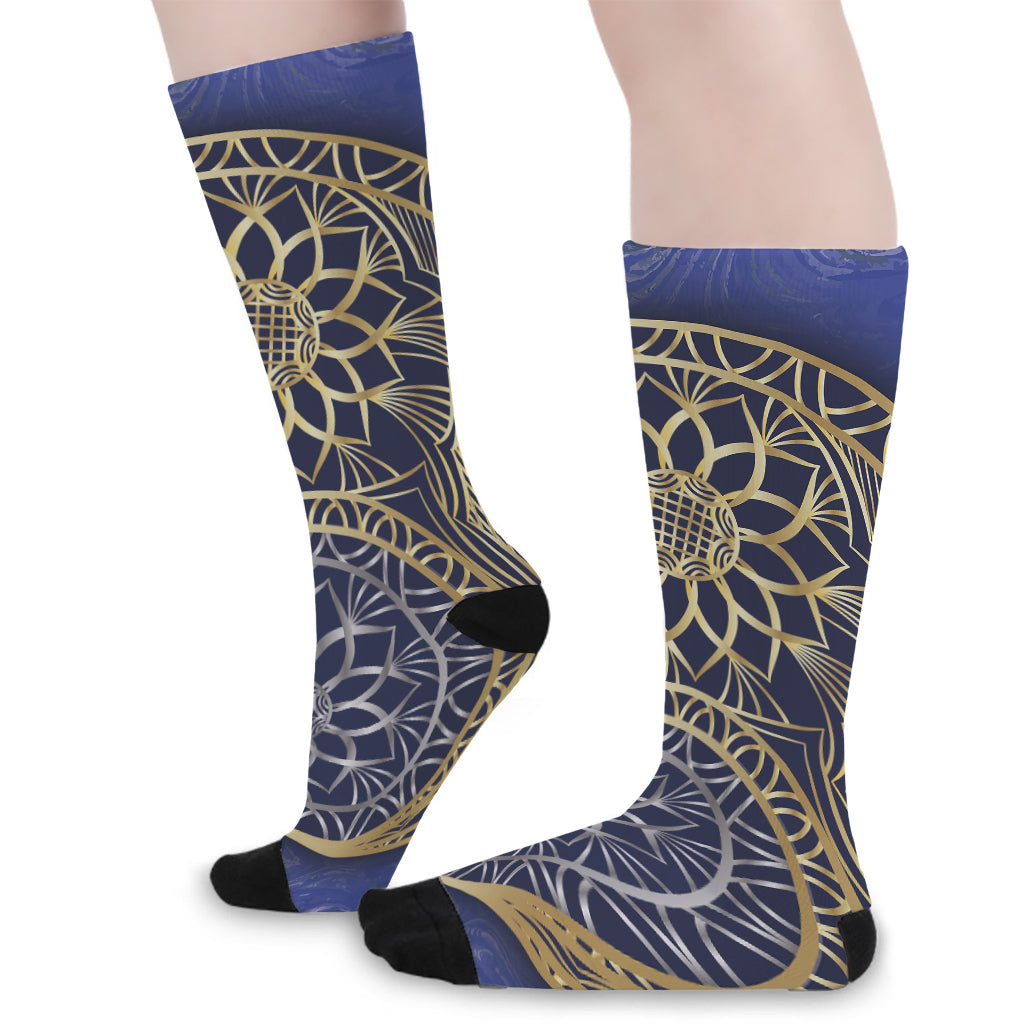 Gold And Grey Yin Yang Flower Print Long Socks