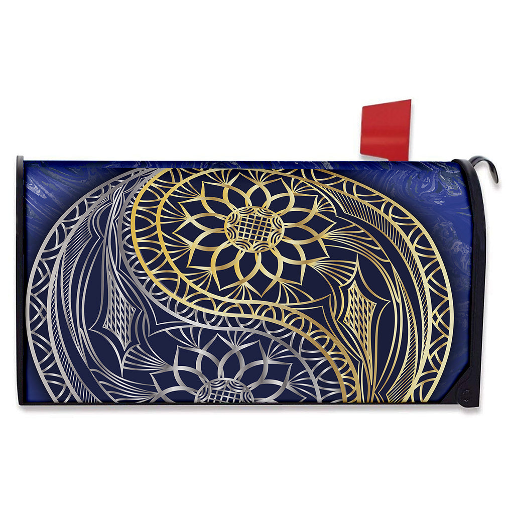 Gold And Grey Yin Yang Flower Print Mailbox Cover