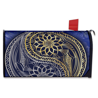 Gold And Grey Yin Yang Flower Print Mailbox Cover