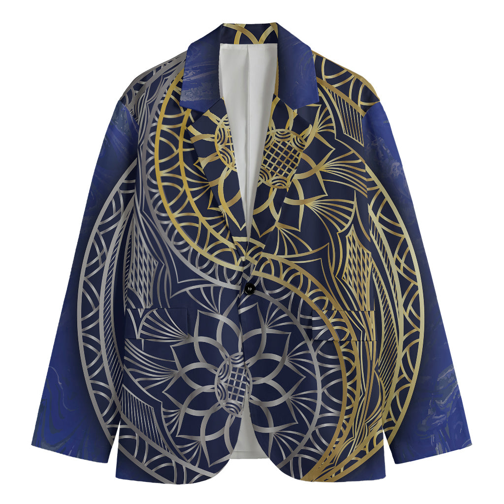 Gold And Grey Yin Yang Flower Print Men's Blazer