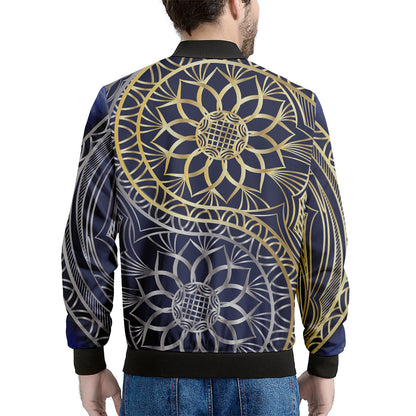 Gold And Grey Yin Yang Flower Print Men's Bomber Jacket
