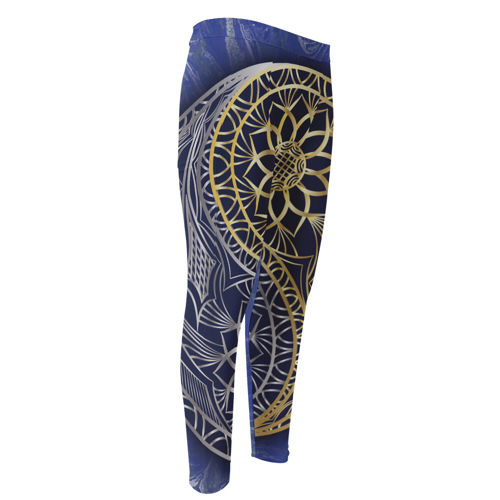 Gold And Grey Yin Yang Flower Print Men's Compression Pants