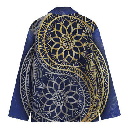 Gold And Grey Yin Yang Flower Print Men's Cotton Blazer